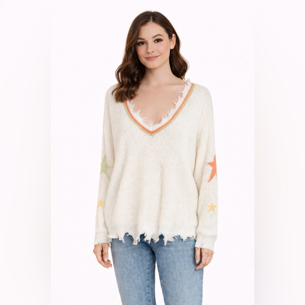 Hem & Thread Star Knit V-Neck Sweater Distressed Hem Boho Cozy